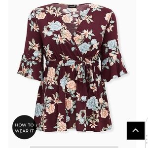 🆕2X BURGUNDY FLORAL CHALLIS WRAP BABYDOLL TOP